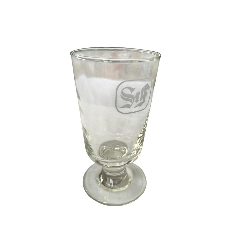 Vtg 50s Etched Monogram SF Footed Juice Glass Gothic Font Tapered Cordial